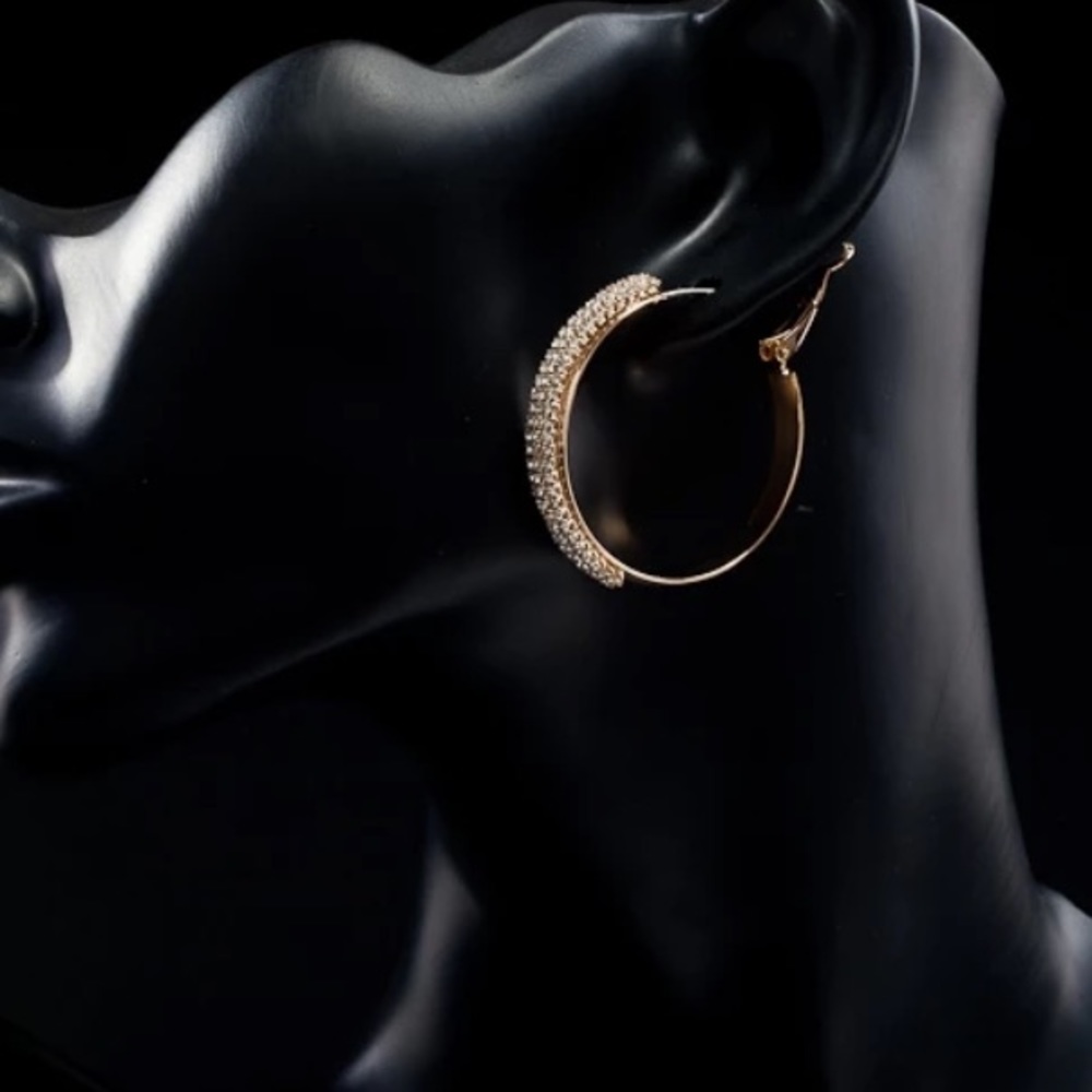 Gold Plated Rhinestone Hoop Earrings - Picture 2 of 4